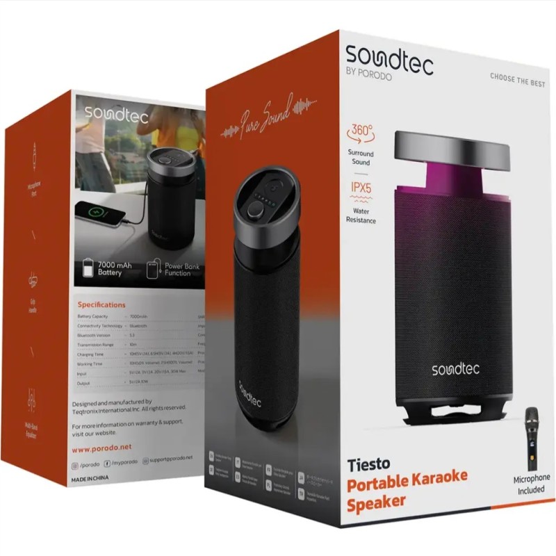 اسپیکر بلوتوثی به همراه میکروفون ساندتک پرودو Porodo Soundtec Tiesto Portable Karaoke Speaker