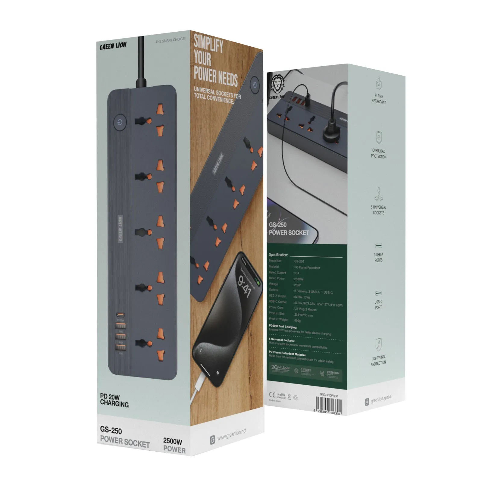 چندراهی برق گرین مدل GS-250 با ۵ درگاه و توان ۲۵۰۰ وات